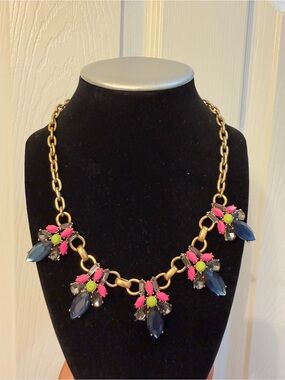 J. Crew Gold-Tone Chain Statement Necklace with Pink Blue Lime